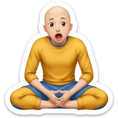 Bald masochist on his knees, frightened with his tongue out, looking up sticker
