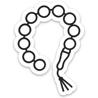 Ultra minimal prayer beads with just a few simple round beads and a tiny tassel, no extra details, plain background, hand drawn icon style with no fill. sticker
