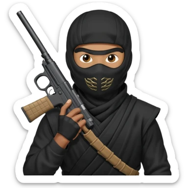 A black male in a ninja mask with a gun sticker