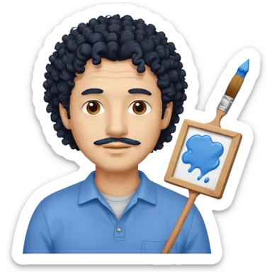 homme 50 ans cheveux frisé noir artiste peintre chemisse bleu sticker