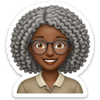 smiling dark black woman wearing glasses with lots of curly gray hair a sticker