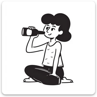 black haired girl drinking beer, hand drawn doodle style sticker