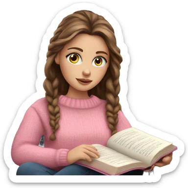 Pretty white girl with blue eyes and brown hair in pink cozy sweater reading book sticker