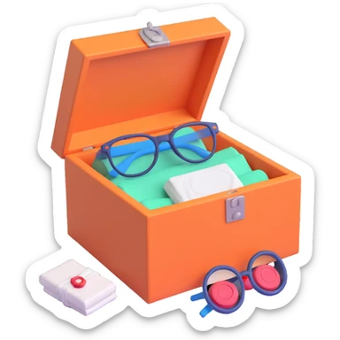An open box containing a protective amulet from mom, a vinyl record from a friend, bandages, and glasses sticker