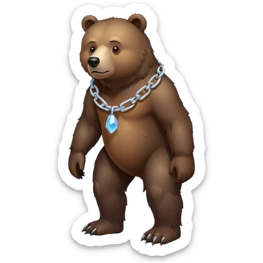Very dark brown bear in full body view on all four legs, highly realistic fur texture, serious expression, full-length view with ice chain around neck sticker