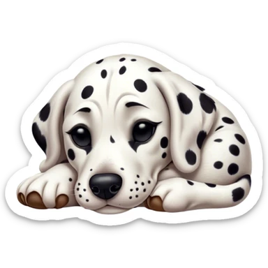 Meme-Worthy Cute Sleeping Spotted Dalmatian Portrait Emoji, Head resting peacefully with a contented smile, showcasing a delightfully majestic build and a luxuriously soft Fur of predominantly white with bold black patches, eyes shut in a serene nap, Simplified yet hilariously adorable features, highly detailed, glowing with a soft, drowsy light, high shine, relaxed and utterly lovable, stylized with an air of playful laziness, bright and heartwarming, soft glowing outline, capturing the essence of a comically sleepy guardian, so meme-worthy it feels like it could instantly become the next viral sensation of adorable slumber! sticker