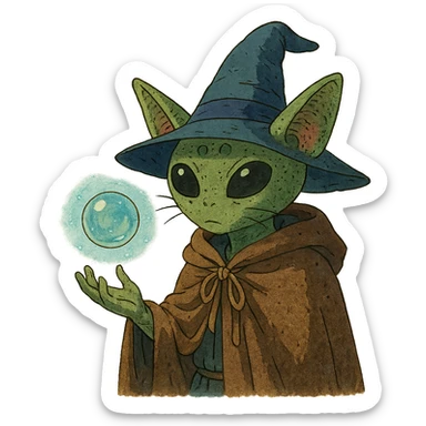 alien cat wizard with a floating orb in a mystical atmosphere sticker