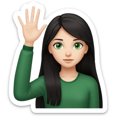 Animated girl dark long hair green eyes emoji holding right side of the head with her hand with duh facial expression , hand on her head sticker