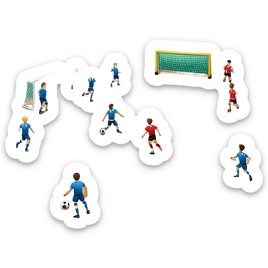 A mini-football match in an indoor sports hall with wooden flooring and clear field markings. The scene shows a vibrant game in action, with players positioned on the court, the goalposts visible, and the atmosphere filled with energy and focus. sticker