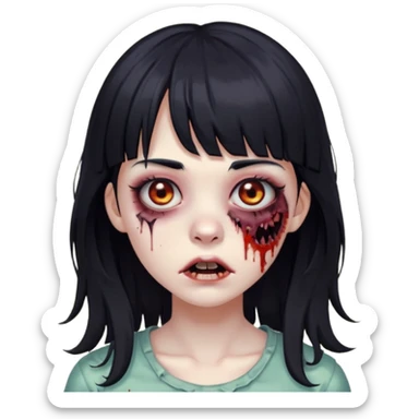 Zombie girl, black hair with bangs, slightly wavy,long hair,long eyelashes, black eyes,iOS style sticker