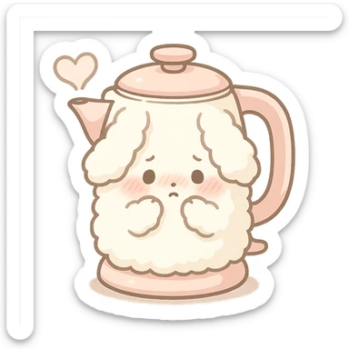 kawaii style electric kettle as a shy soft fluffy bunny, steam heart, pastel white and pink, full-body sticker
