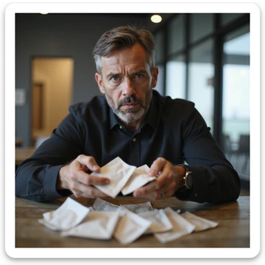 realistic health-conscious man in a wellness center, decisively discarding sugar packets, firm expression, dark aura around sugar packets, modern and bright environment, symbolism of rejecting harmful habits, 4K quality sticker