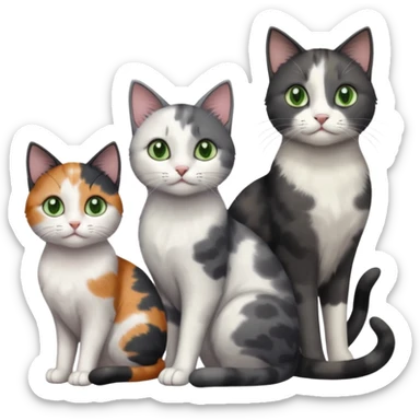 3 different coloured small cats including a dark grey and white, and a patchy calico and a completely solid dark grey with green eyes and only white paws sticker