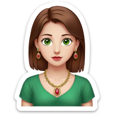 Clean Girl with straight brown hair, green eyes, small ruby earrings, gold small horse shoe necklace, ruby colored shirt sticker