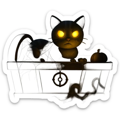 Make the cat in the coffin look spooky with eerie lighting, add cobwebs and ghostly effects in 3D emoji style, no background. sticker