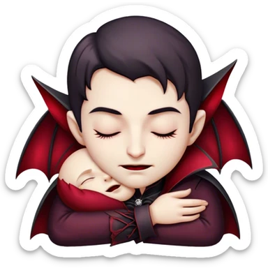 Meme-Worthy Cute Sleeping Vampire Portrait Emoji, with a refined, small, pale face softened by closed, serene eyes and a slight, peaceful smile, adorned in miniature elegant dark attire with a hint of fading crimson, simplified yet irresistibly adorable, highly detailed with a soft ethereal outline that captures the drowsy charm of a vampire in quiet nighttime slumber! sticker