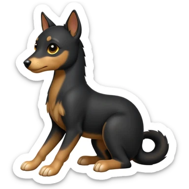 cinematic-[kelpie]-realistic-full-body-sitting-emoji,-tail-resting-loosely-beside-its-paws,-head-tilted-dramatically, -sleek-[Black and tan]-fur,-simplified-yet-realistic-focused-features,-highly-detailed,-glowing-with-an-almost-sarcastic-glow sticker