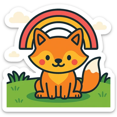 Add a bright, cartoon-style outdoor background with grass and sky to the cute fox with a rainbow in color outline icon style. sticker