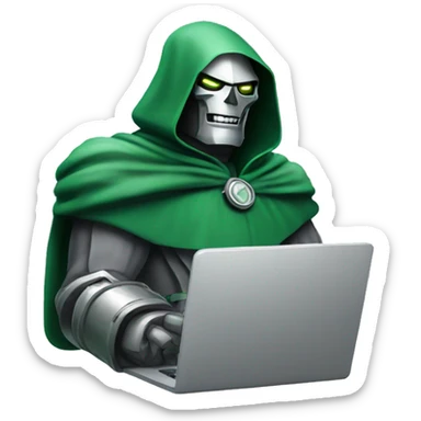 smiling dr. doom working with laptop sticker