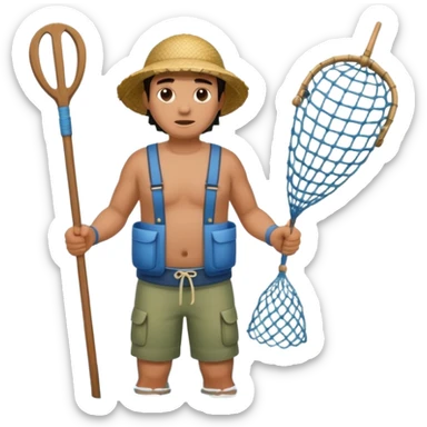 A Polynesian fisherman standing in the water with a net full of fish. The fisherman has empty hands and is standing in the water. sticker