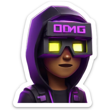 Minecraft hero wearing a black hoodie with "OMG" letters on it and VR headset in a cyberpunk VR environment with violet neon lighting. sticker