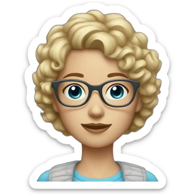 Short curly blond hair girl with blue-gray eyes and square glasses sticker