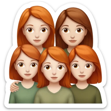 Give me a mom with neutral brown hair, white. Two twin sisters, one with pale skin, freckles, orange hair. The other is a dark brunette, with olive skin. sticker