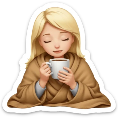 blonde girl snuggled in a blanket, drinking coffee, peaceful expression, eyes closed, emoji style sticker