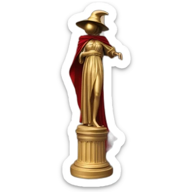 distant view of an abstract renaissance statue of a female figure in a coat with a red plague doctor's mask on her face standing on an antique style golden greek column, 4K resolution sticker