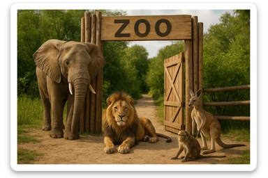 wooden zoo gate with 'zoo' written on it, open, realistic elephant, lion, kangaroo, and monkey standing nearby, natural and hand-made look, animals true to life, not AI-generated sticker