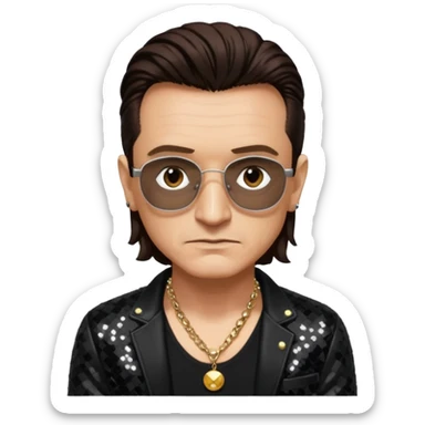 Bono with black sequin jacket, black shirt with necklace, dark brown medium hair sticker
