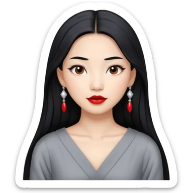 30 yr old asian woman, middle parted straight long black hair, very pretty, fancy grey dress, earings, red lipstick, silver earings sticker