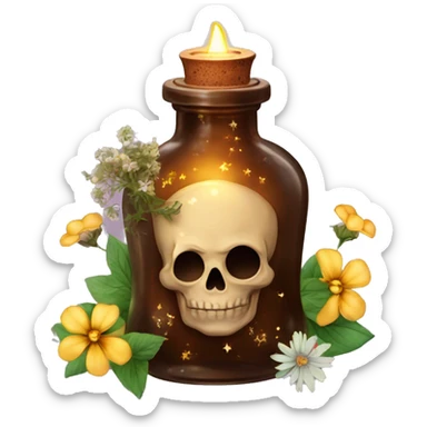 Brown magic fairy light sparkling old Antique bottle with poison and with herbal and flowers sticker