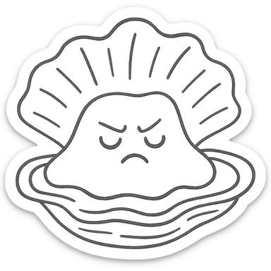Cute oyster with a concentrated expression, furrowed eyebrows, pursed mouth, in hand drawn style, transparent background. sticker