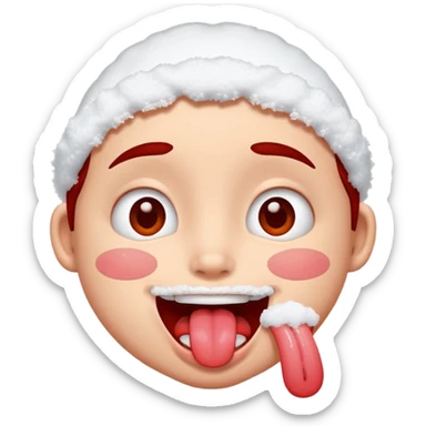 Someone got hit with a snowball and has snow on their face but is happy and smiling with their tongue out but their eyes are red sticker