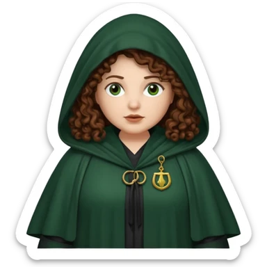 A white woman with a chubby face, with long dark auburn hair, cloaked and hooded like she's a Traitor in the tv show 'The Traitors'. her hair is frizzy curly, not with defined curls, and the robe is a very dark green/almost black color sticker