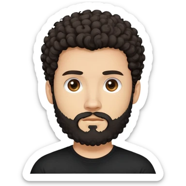 young man with light skin, thick curly dark hair, full beard, neutral expression, plain black t-shirt, front-facing, minimalistic, simplified features, clean lines, flat design sticker