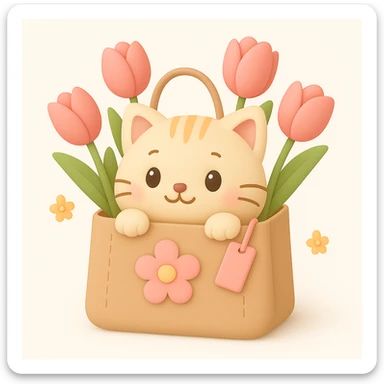 3D style with iOS style elements, cat in a bag with flowers, add a flower to the bag sticker