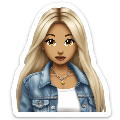 hime gyaru girl, tattoos, long straight hair, white v neck tee with grunge jean jacket sticker