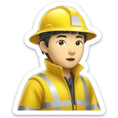 chinese boy with thick lip wearing yellow rain jack and white safety helmet doing inspection sticker