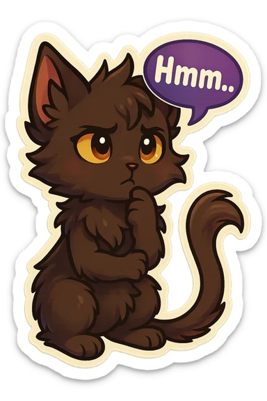a dark-brown fluffy cute kawaii anthropomorphic furry anime cat-furry with tufted ears, golden eyes, and a long thin tufted tail, thinking, frowning thoughtfully, saying “Hmm..” with a purple speech bubble, (cartoon style) (cute anime style) (furry style) (deviantArt style) (artist style: Kamirah) sticker