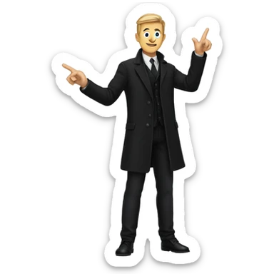 A man wearing black coat and pants pointing his hand towards right sticker