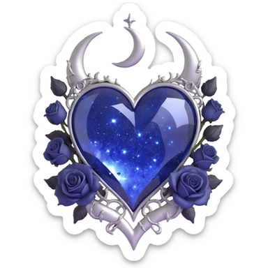 gothic heart, midnight blue glass, silver crescent moon, black roses, stardust, lightning, rain, cracked glass, baroque style sticker