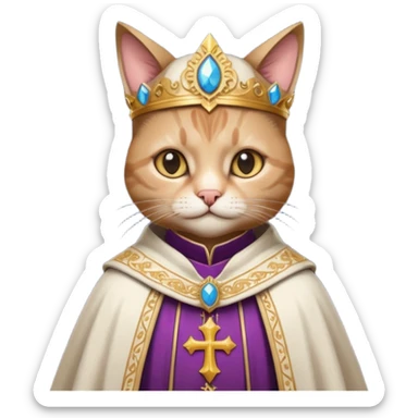 “Half-body humanoid figure with a realistic cat face, wearing ornate bishop robes and a mitre, dark gothic background, dramatic lighting, sticker