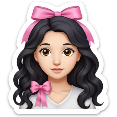 Beautiful girl with long wavy black hair, brown eyes, light skin, slight smile, and pink ribbon in hair sticker