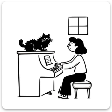 woman playing piano while her cat sits on top of the piano sticker