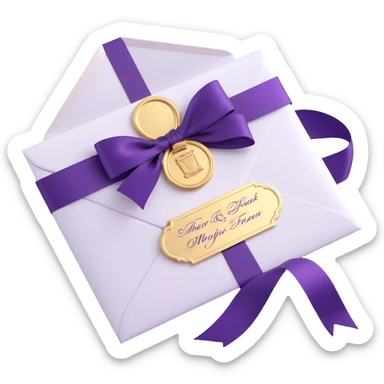 a luxury event invitation envelope, sealed with a gold wax stamp and purple ribbon, elegant and upscale sticker