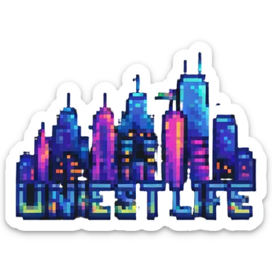 Night Life Universal logo, pixel art style, neon colors, cityscape background sticker