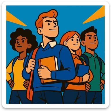 group of confident students standing tall, looking heroic sticker