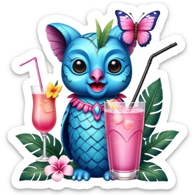 Pixar style little Blue and pink tiki singing with a butterfly and tropical drink, ultra detailed and lifelike imagery, realistic sticker